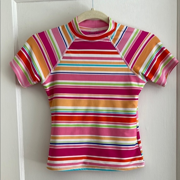 Land’s End 7 - 8 Slim Girls Short Sleeved Striped Rash Guard Swim Top Tee - Picture 1 of 12